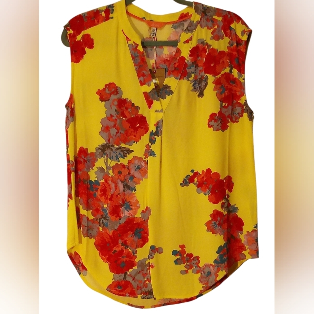 Joules - NWT, Floral Chiffon, Sleeveless, V-Neck, Lemon Colored, Blouse, Size 6